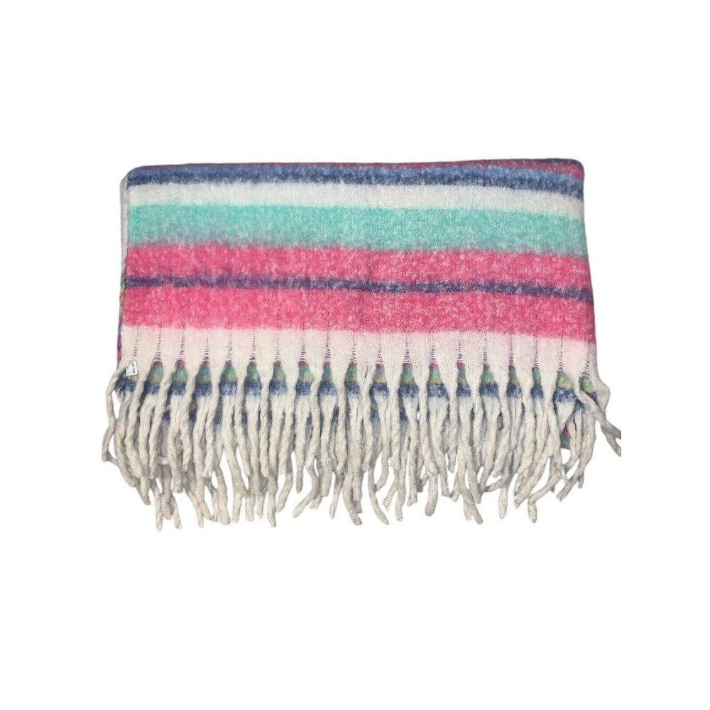FREE PEOPLE Fringe Throw Soft Blanket Skye Pink Blue White Stripes